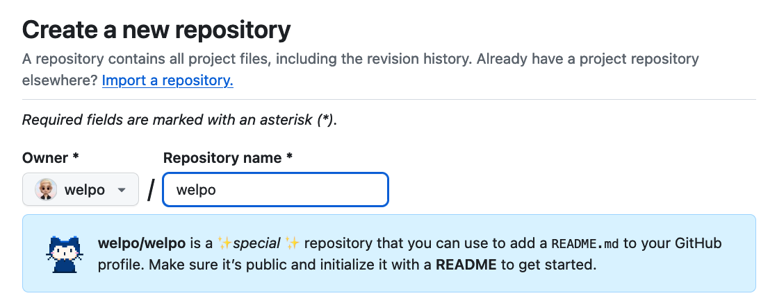 GitHub screenshot showing the creation of a repository named 'welpo' for the user 'welpo'